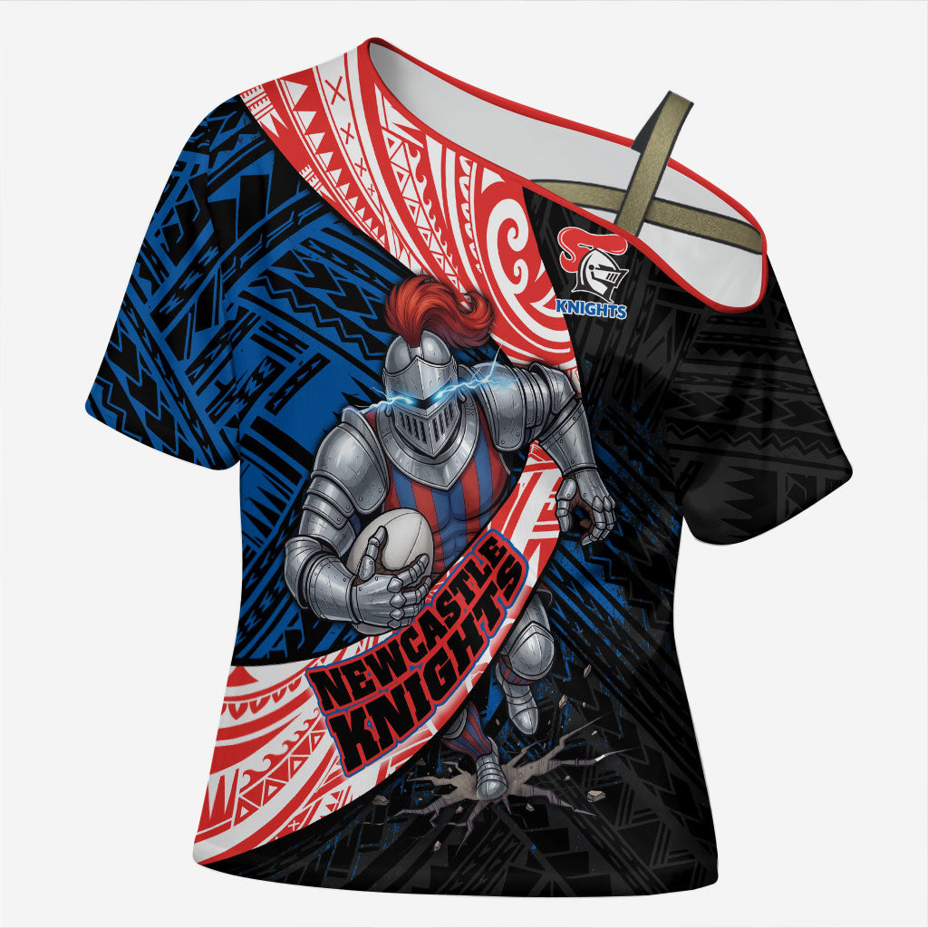 Newcastle Knights Rugby Cross Shoulder Shirt Tribal Polynesian Power Art - Lightning Mascot