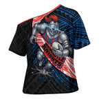 Newcastle Knights Rugby Cross Shoulder Shirt Tribal Polynesian Power Art - Lightning Mascot