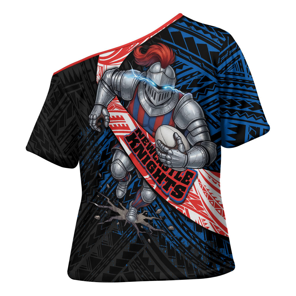 Newcastle Knights Rugby Cross Shoulder Shirt Tribal Polynesian Power Art - Lightning Mascot