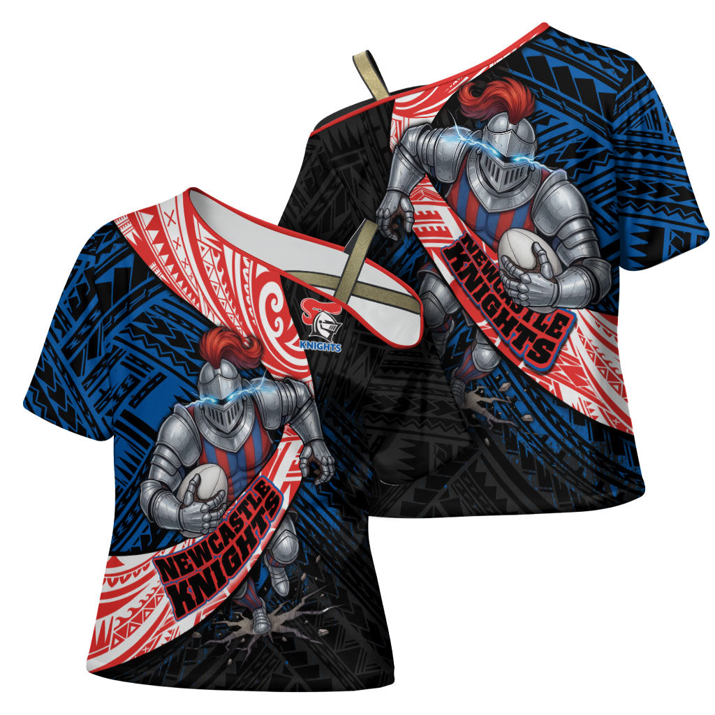 Newcastle Knights Rugby Cross Shoulder Shirt Tribal Polynesian Power Art - Lightning Mascot