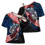 Newcastle Knights Rugby Cross Shoulder Shirt Tribal Polynesian Power Art - Lightning Mascot