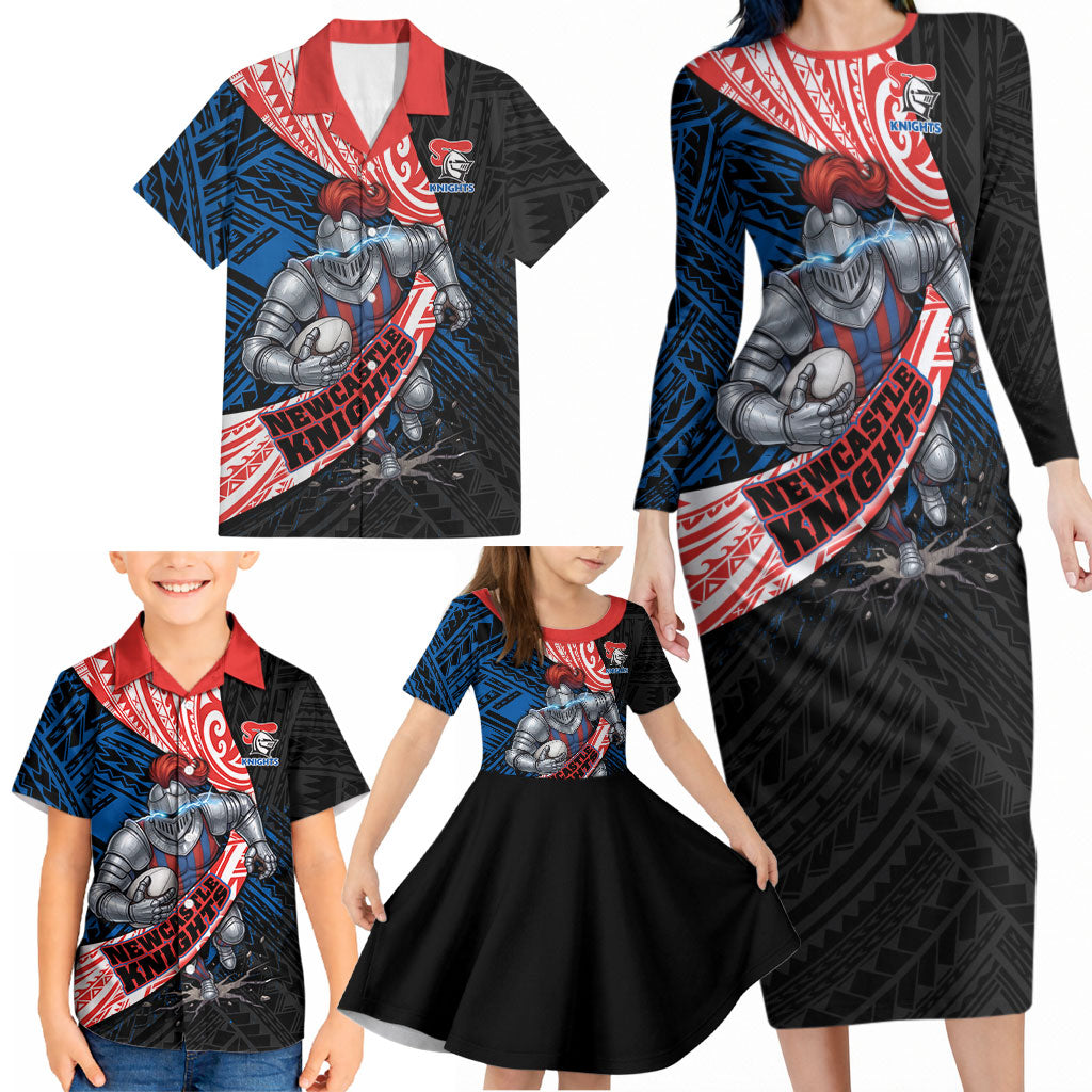 Newcastle Knights Rugby Family Matching Long Sleeve Bodycon Dress and Hawaiian Shirt Tribal Polynesian Power Art - Lightning Mascot