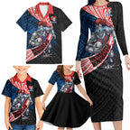 Newcastle Knights Rugby Family Matching Long Sleeve Bodycon Dress and Hawaiian Shirt Tribal Polynesian Power Art - Lightning Mascot