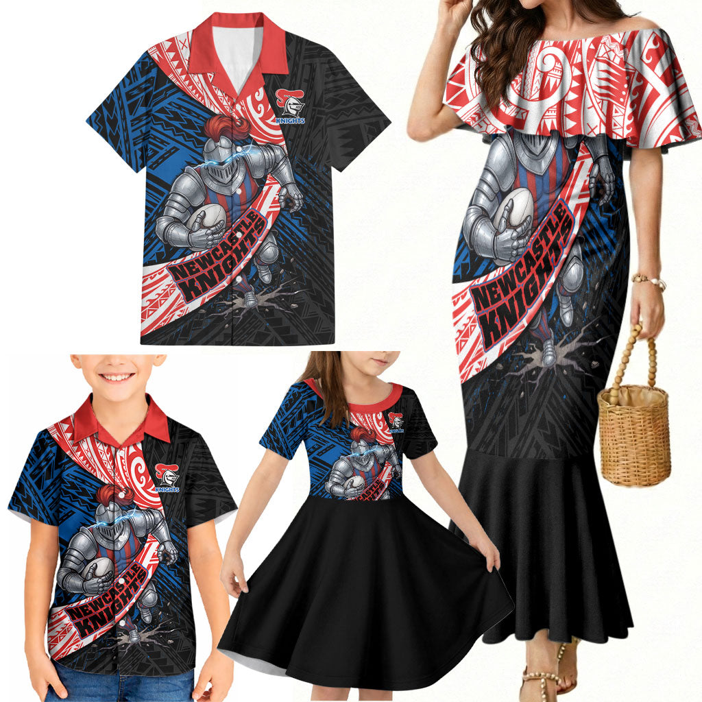 Newcastle Knights Rugby Family Matching Mermaid Dress and Hawaiian Shirt Tribal Polynesian Power Art - Lightning Mascot