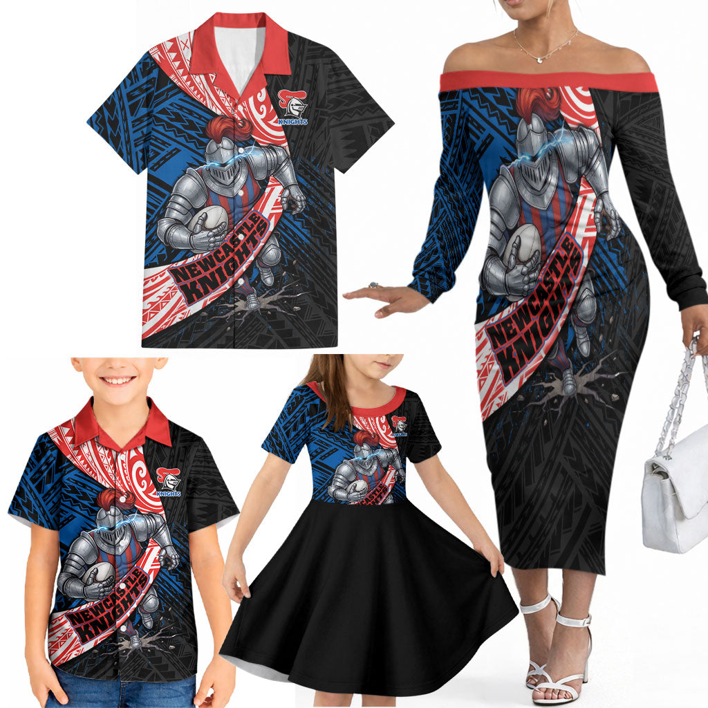 Newcastle Knights Rugby Family Matching Off The Shoulder Long Sleeve Dress and Hawaiian Shirt Tribal Polynesian Power Art - Lightning Mascot