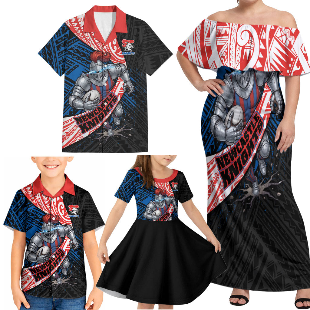 Newcastle Knights Rugby Family Matching Off Shoulder Maxi Dress and Hawaiian Shirt Tribal Polynesian Power Art - Lightning Mascot