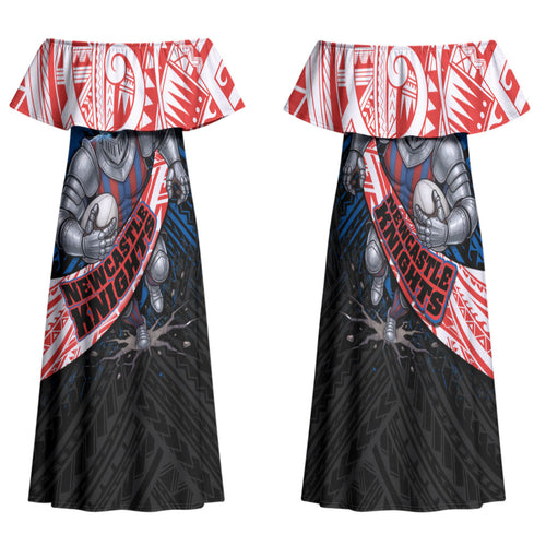 Newcastle Knights Rugby Family Matching Off Shoulder Maxi Dress and Hawaiian Shirt Tribal Polynesian Power Art - Lightning Mascot