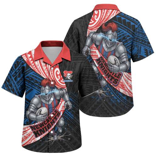 Newcastle Knights Rugby Family Matching Off Shoulder Maxi Dress and Hawaiian Shirt Tribal Polynesian Power Art - Lightning Mascot