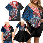Newcastle Knights Rugby Family Matching Off Shoulder Short Dress and Hawaiian Shirt Tribal Polynesian Power Art - Lightning Mascot