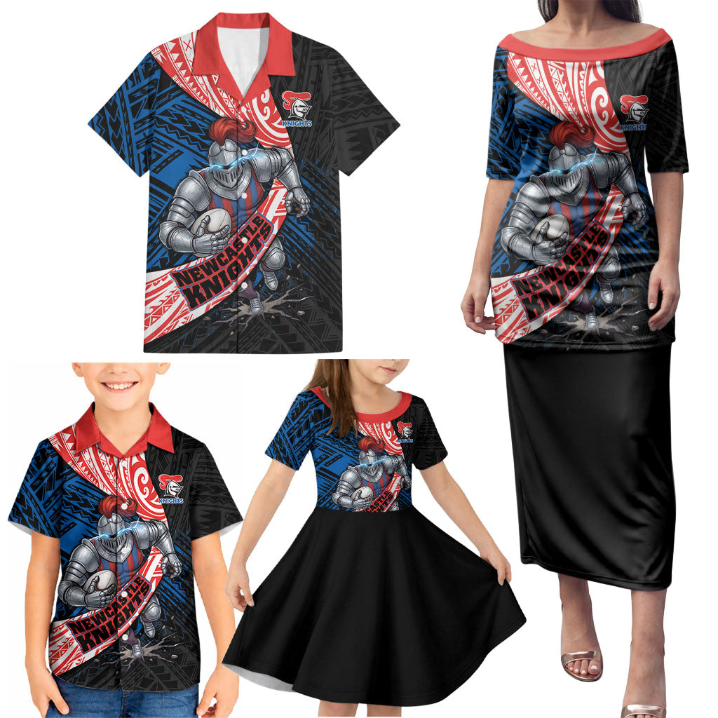 Newcastle Knights Rugby Family Matching Puletasi and Hawaiian Shirt Tribal Polynesian Power Art - Lightning Mascot