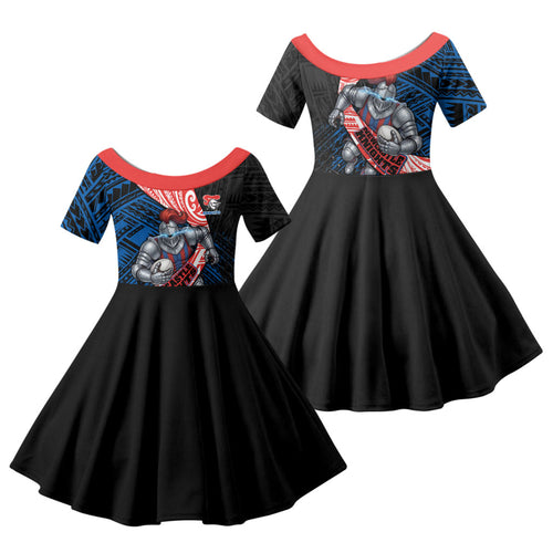 Newcastle Knights Rugby Family Matching Puletasi and Hawaiian Shirt Tribal Polynesian Power Art - Lightning Mascot