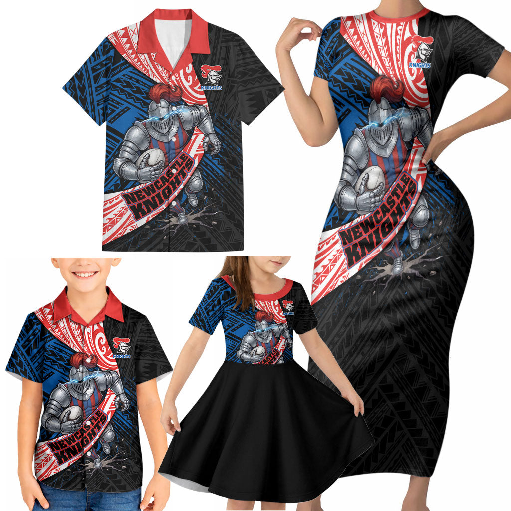 Newcastle Knights Rugby Family Matching Short Sleeve Bodycon Dress and Hawaiian Shirt Tribal Polynesian Power Art - Lightning Mascot