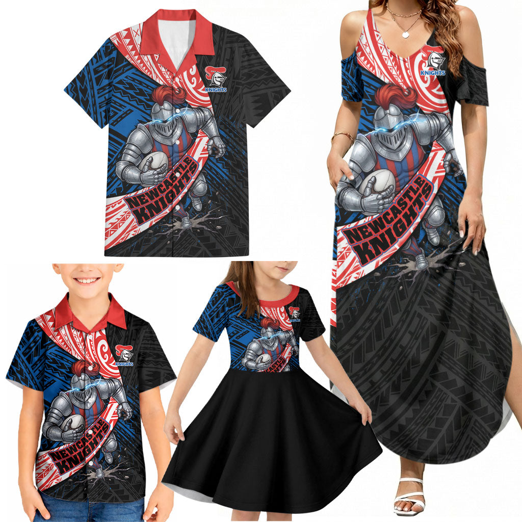 Newcastle Knights Rugby Family Matching Summer Maxi Dress and Hawaiian Shirt Tribal Polynesian Power Art - Lightning Mascot