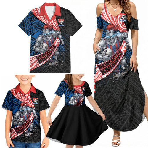 Newcastle Knights Rugby Family Matching Summer Maxi Dress and Hawaiian Shirt Tribal Polynesian Power Art - Lightning Mascot