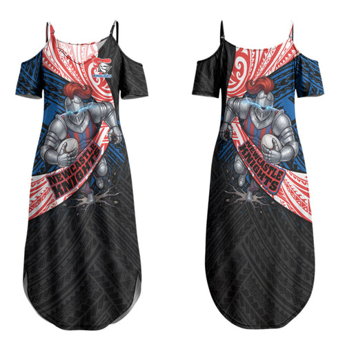 Newcastle Knights Rugby Family Matching Summer Maxi Dress and Hawaiian Shirt Tribal Polynesian Power Art - Lightning Mascot