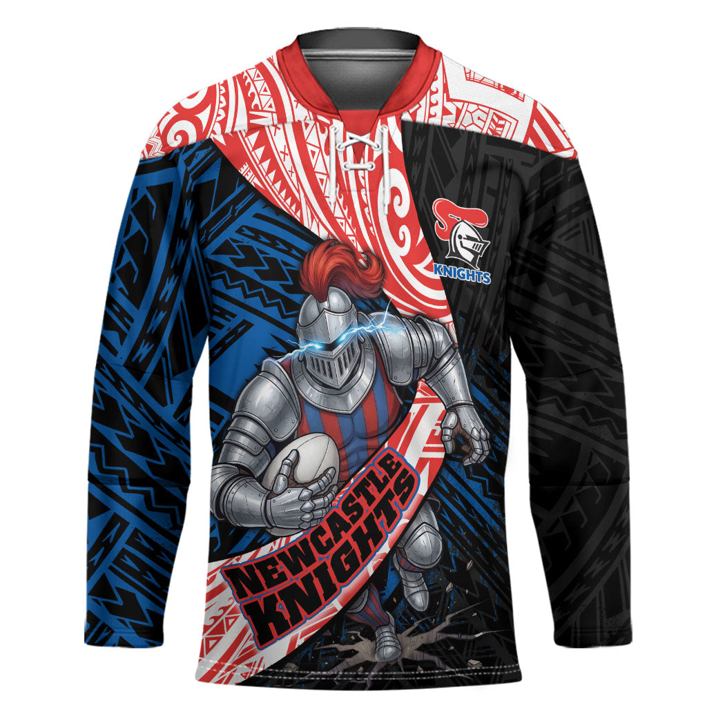 Newcastle Knights Rugby Hockey Jersey Tribal Polynesian Power Art - Lightning Mascot