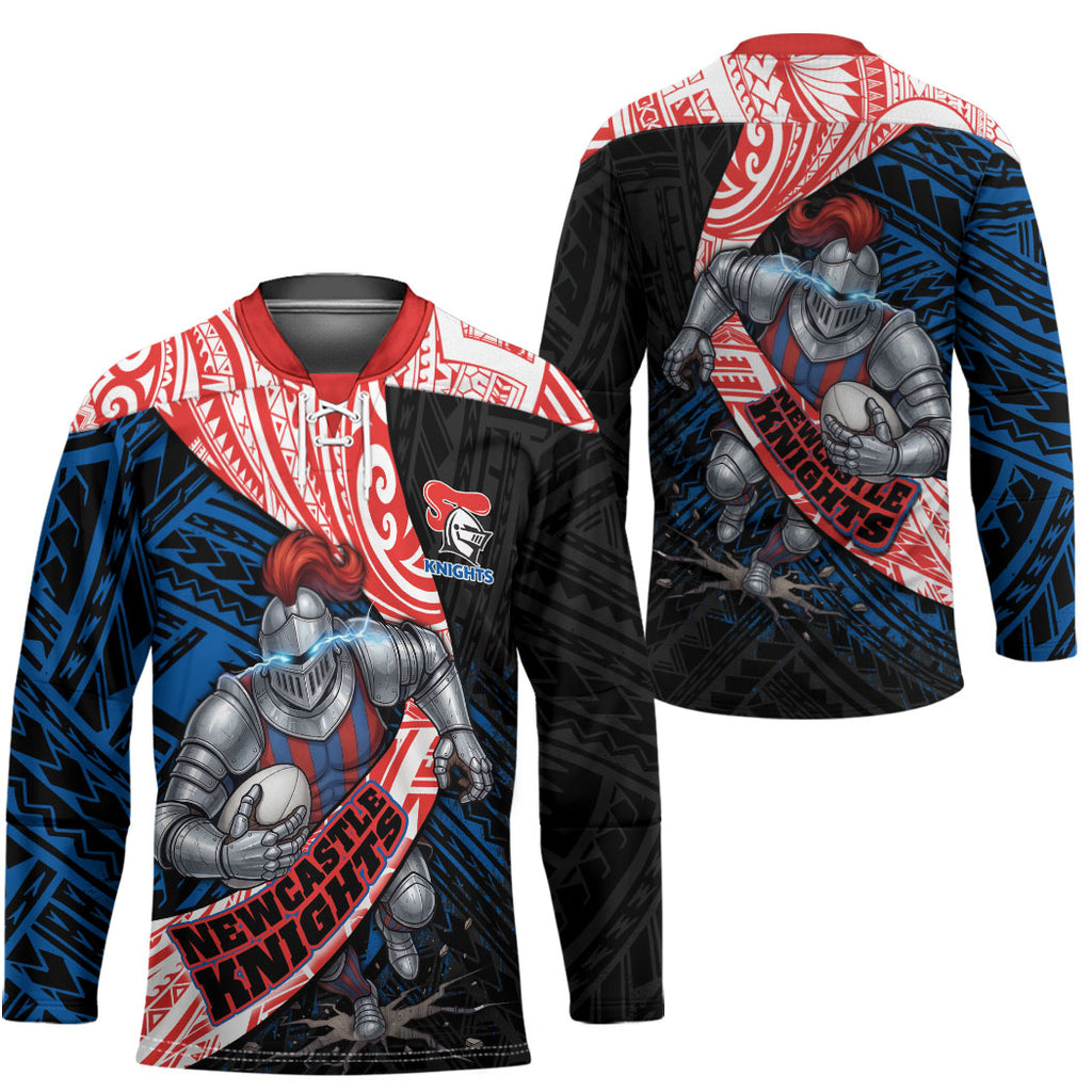 Newcastle Knights Rugby Hockey Jersey Tribal Polynesian Power Art - Lightning Mascot