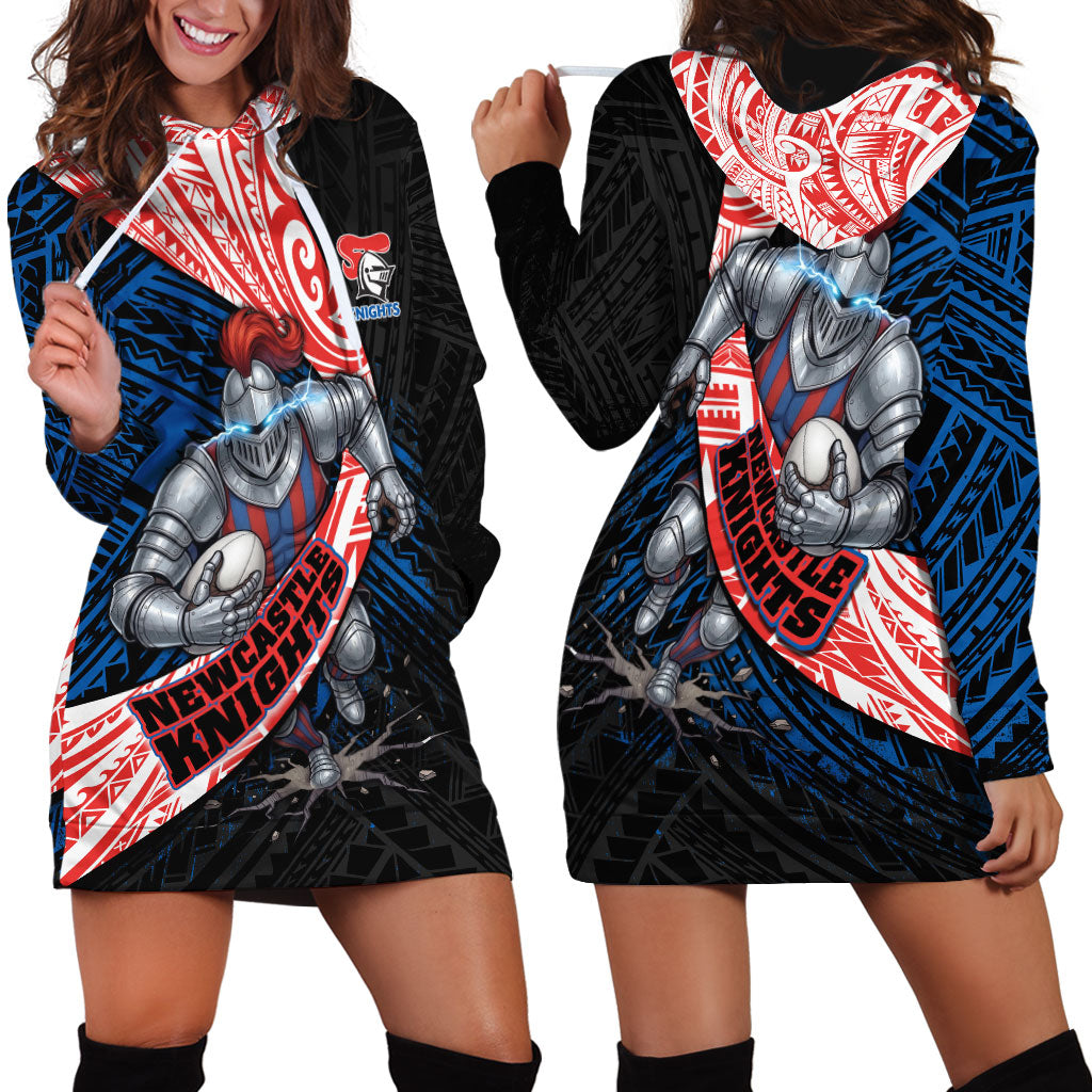 Newcastle Knights Rugby Hoodie Dress Tribal Polynesian Power Art - Lightning Mascot