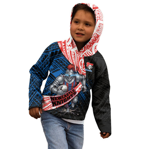 Newcastle Knights Rugby Kid Hoodie Tribal Polynesian Power Art - Lightning Mascot