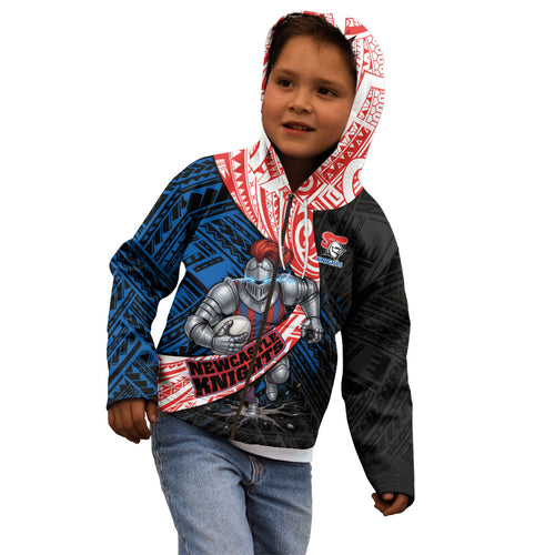 Newcastle Knights Rugby Kid Hoodie Tribal Polynesian Power Art - Lightning Mascot
