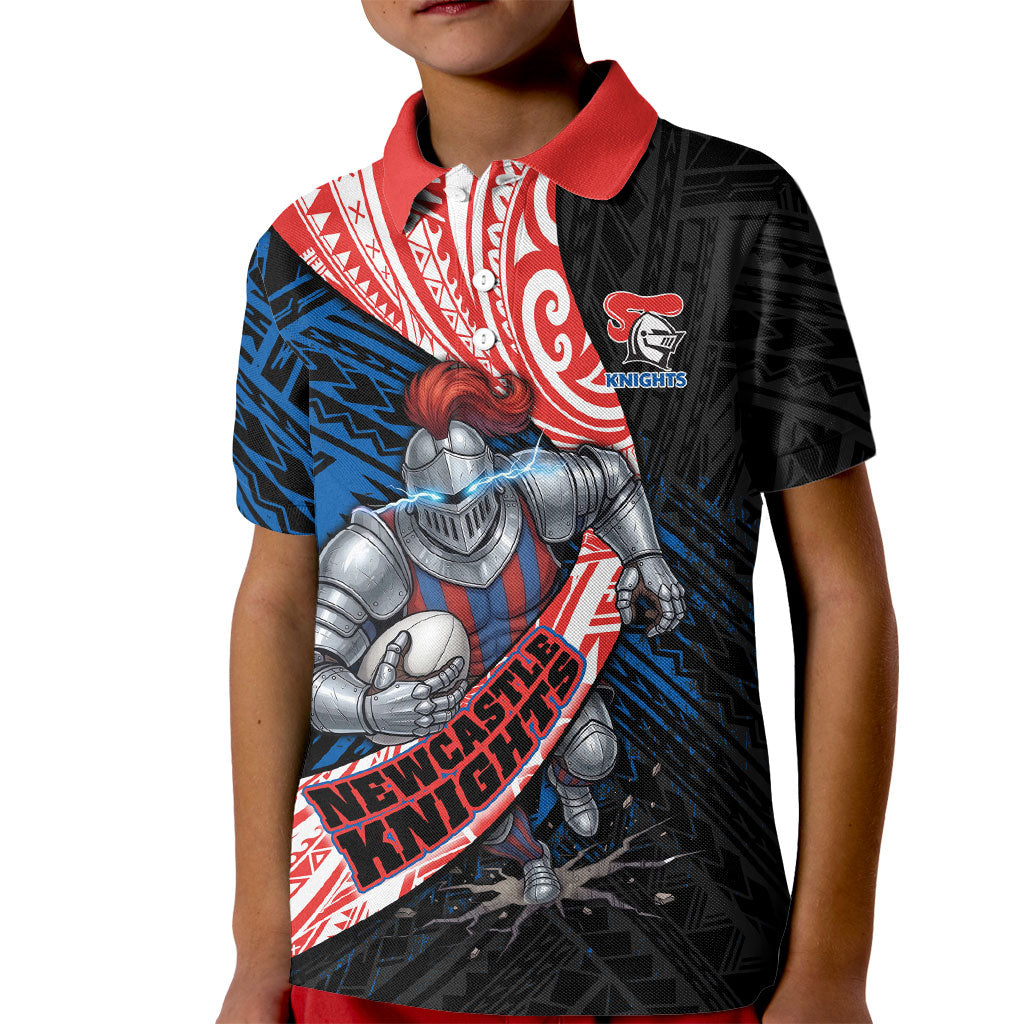 Newcastle Knights Rugby Kid Polo Shirt Tribal Polynesian Power Art - Lightning Mascot