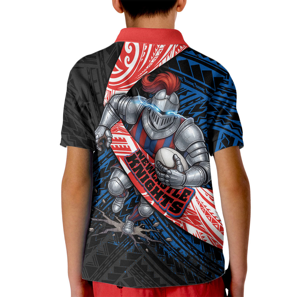 Newcastle Knights Rugby Kid Polo Shirt Tribal Polynesian Power Art - Lightning Mascot