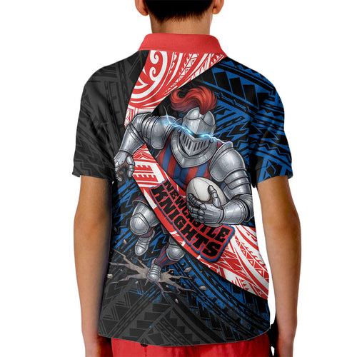 Newcastle Knights Rugby Kid Polo Shirt Tribal Polynesian Power Art - Lightning Mascot