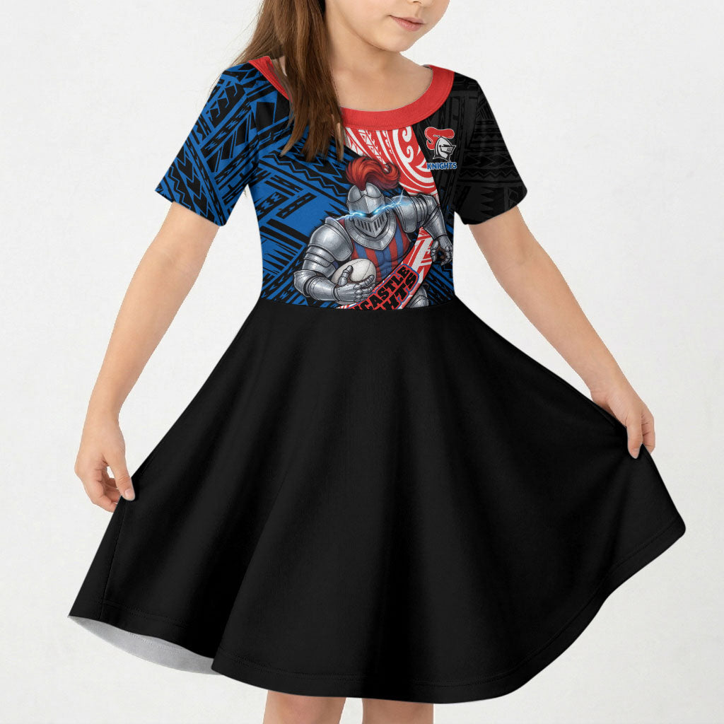 Newcastle Knights Rugby Kid Short Sleeve Dress Tribal Polynesian Power Art - Lightning Mascot