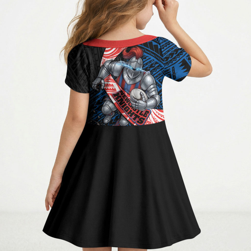 Newcastle Knights Rugby Kid Short Sleeve Dress Tribal Polynesian Power Art - Lightning Mascot