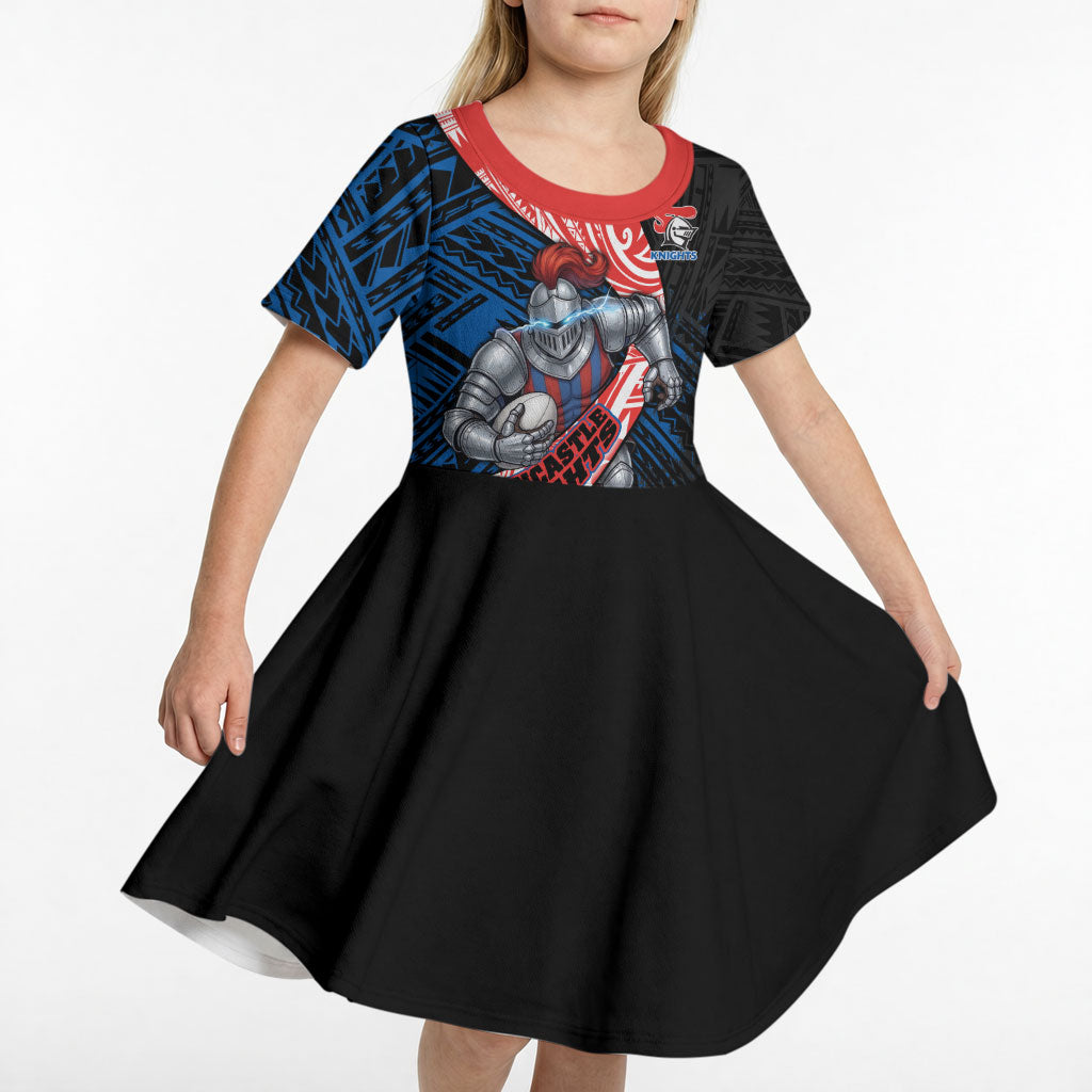 Newcastle Knights Rugby Kid Short Sleeve Dress Tribal Polynesian Power Art - Lightning Mascot