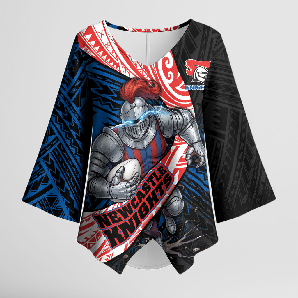 Newcastle Knights Rugby Kimono Sleeve Blouse Tribal Polynesian Power Art - Lightning Mascot