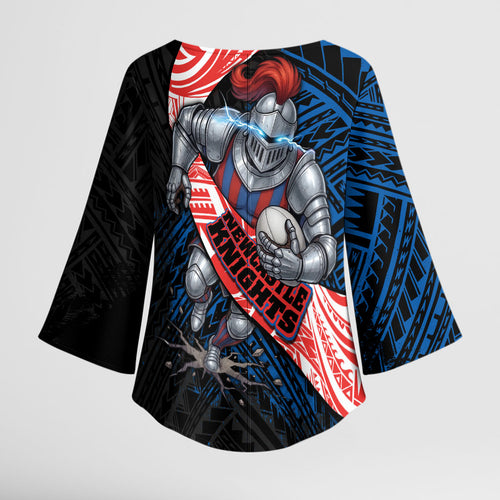Newcastle Knights Rugby Kimono Sleeve Blouse Tribal Polynesian Power Art - Lightning Mascot