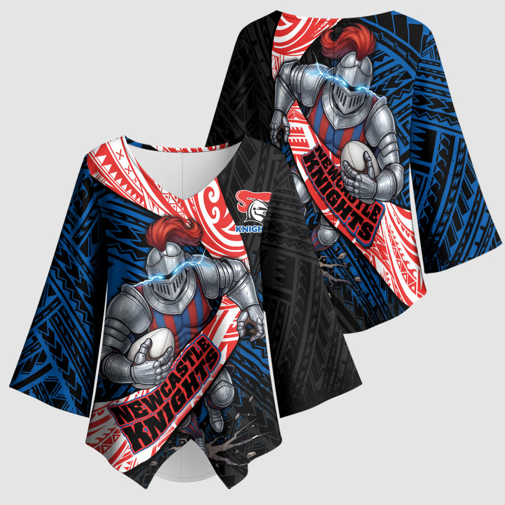 Newcastle Knights Rugby Kimono Sleeve Blouse Tribal Polynesian Power Art - Lightning Mascot