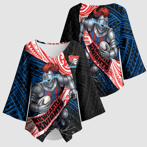 Newcastle Knights Rugby Kimono Sleeve Blouse Tribal Polynesian Power Art - Lightning Mascot