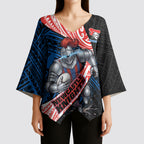 Newcastle Knights Rugby Kimono Sleeve Blouse Tribal Polynesian Power Art - Lightning Mascot