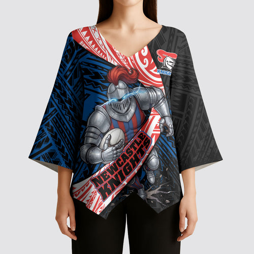 Newcastle Knights Rugby Kimono Sleeve Blouse Tribal Polynesian Power Art - Lightning Mascot