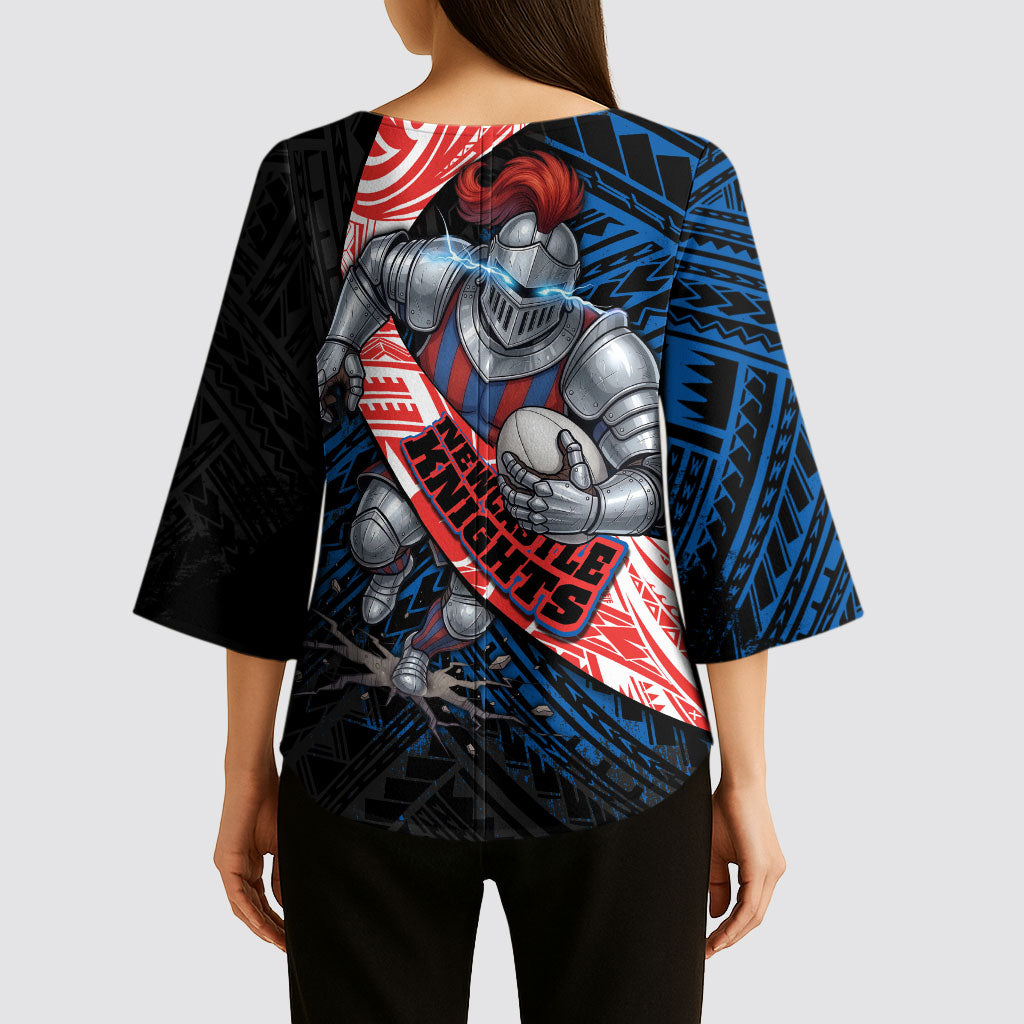 Newcastle Knights Rugby Kimono Sleeve Blouse Tribal Polynesian Power Art - Lightning Mascot