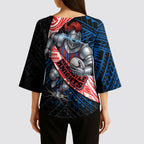 Newcastle Knights Rugby Kimono Sleeve Blouse Tribal Polynesian Power Art - Lightning Mascot