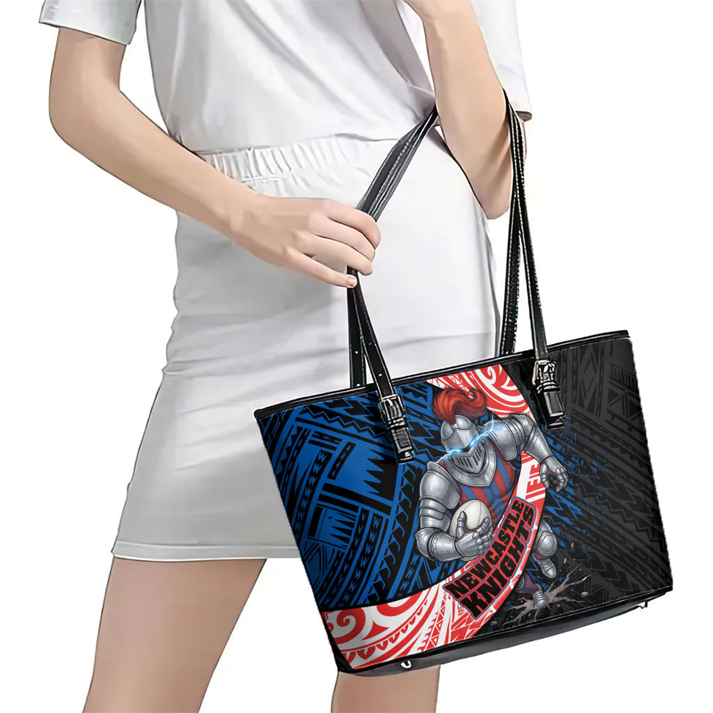 Newcastle Knights Rugby Leather Tote Bag Tribal Polynesian Power Art - Lightning Mascot