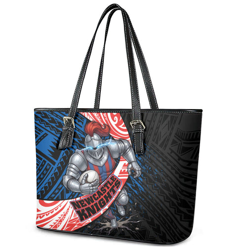 Newcastle Knights Rugby Leather Tote Bag Tribal Polynesian Power Art - Lightning Mascot