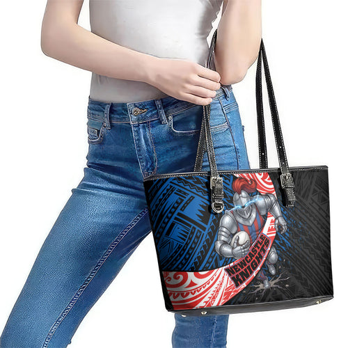 Newcastle Knights Rugby Leather Tote Bag Tribal Polynesian Power Art - Lightning Mascot