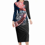 Newcastle Knights Rugby Long Sleeve Bodycon Dress Tribal Polynesian Power Art - Lightning Mascot