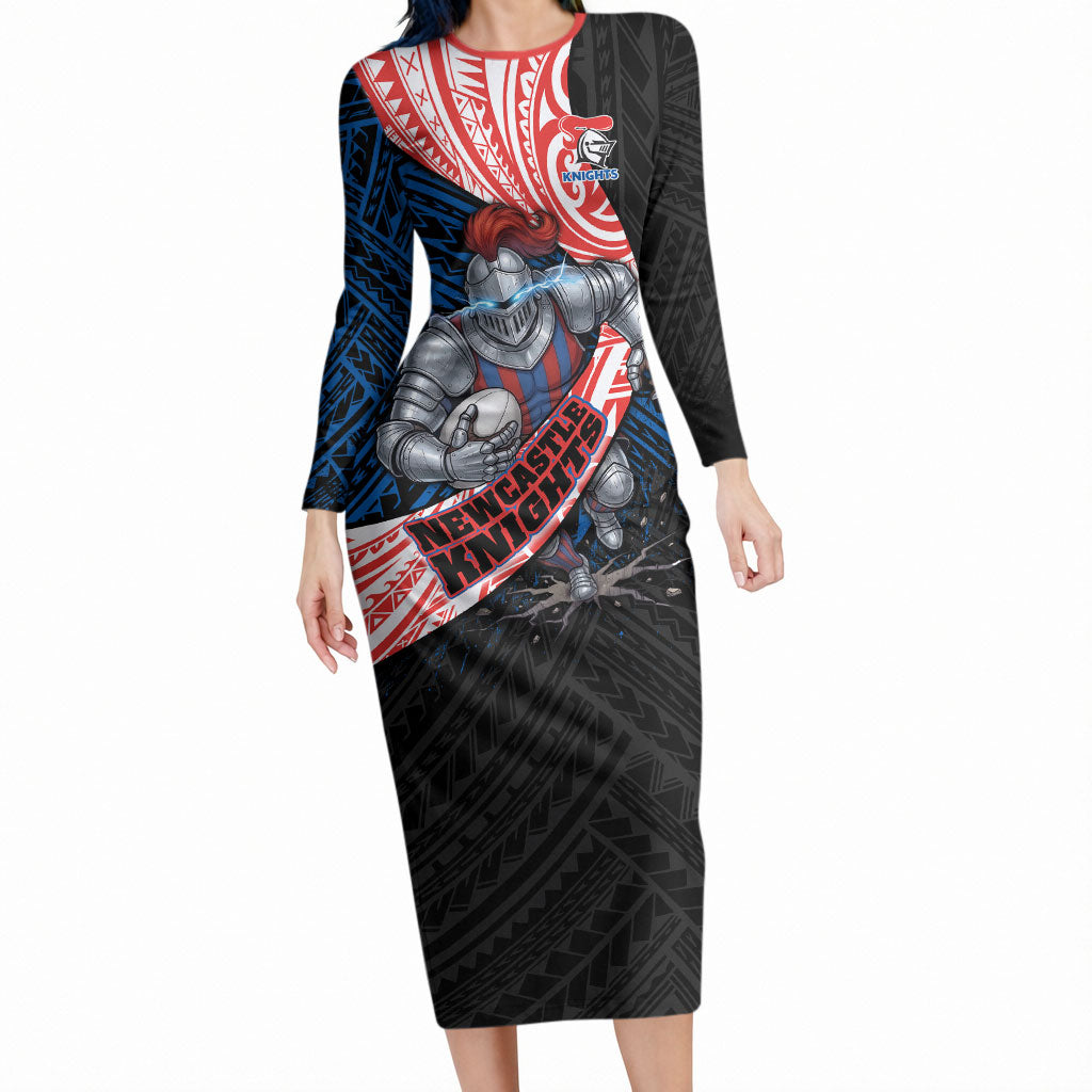 Newcastle Knights Rugby Long Sleeve Bodycon Dress Tribal Polynesian Power Art - Lightning Mascot