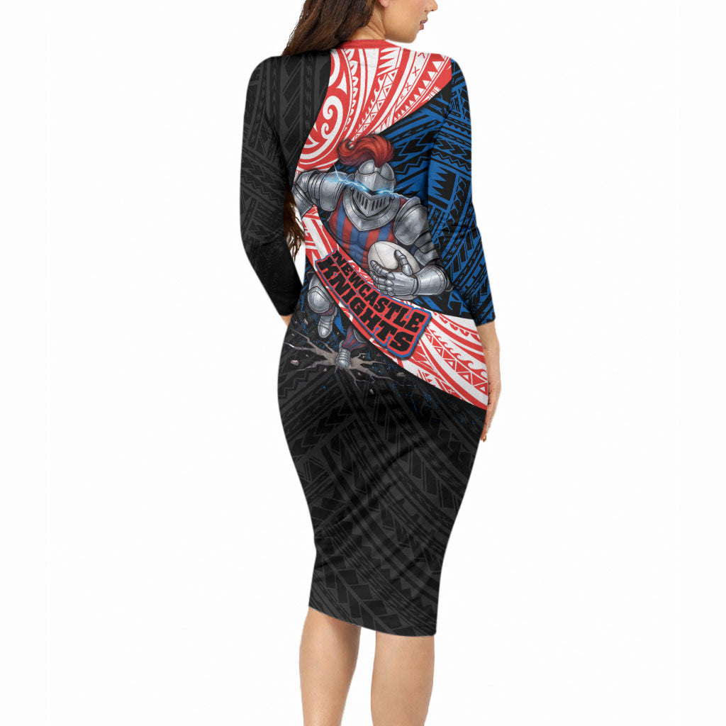 Newcastle Knights Rugby Long Sleeve Bodycon Dress Tribal Polynesian Power Art - Lightning Mascot