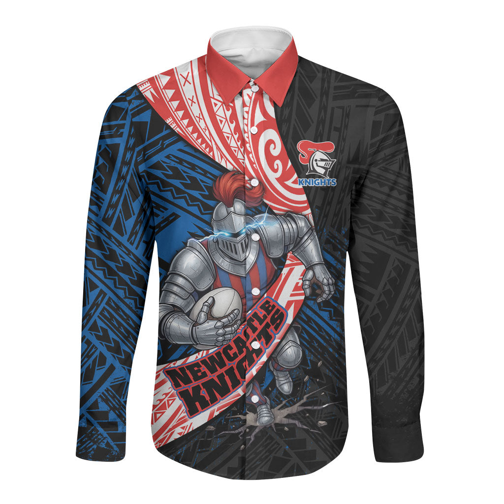 Newcastle Knights Rugby Long Sleeve Button Shirt Tribal Polynesian Power Art - Lightning Mascot