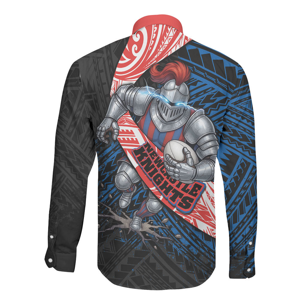 Newcastle Knights Rugby Long Sleeve Button Shirt Tribal Polynesian Power Art - Lightning Mascot