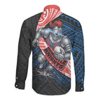 Newcastle Knights Rugby Long Sleeve Button Shirt Tribal Polynesian Power Art - Lightning Mascot