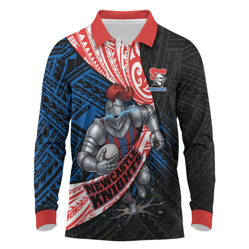Newcastle Knights Rugby Long Sleeve Polo Shirt Tribal Polynesian Power Art - Lightning Mascot