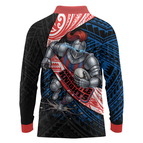 Newcastle Knights Rugby Long Sleeve Polo Shirt Tribal Polynesian Power Art - Lightning Mascot