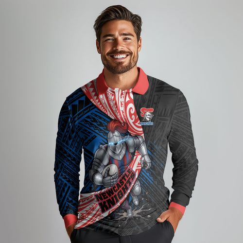 Newcastle Knights Rugby Long Sleeve Polo Shirt Tribal Polynesian Power Art - Lightning Mascot
